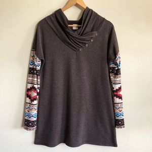 Hershe Long Sleeve Casual Shirt Brown Aztec Accent